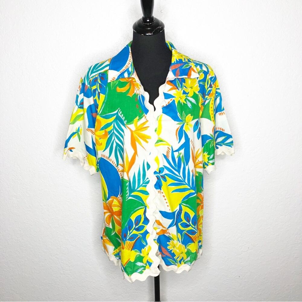 Runaway the Label blue green yellow tropical floral button down top size Large